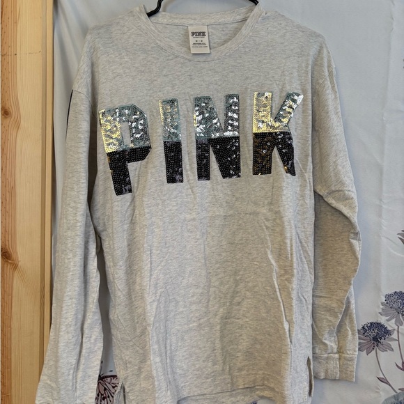 PINK Victoria's Secret Tops - PINK Victoria's Secret Kids Long Sleeve Sequin Tee - Light Gray